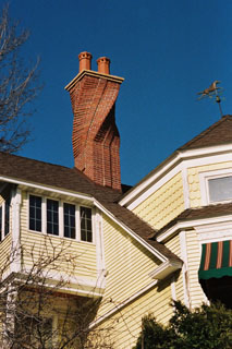 A view of the spiral chimney from the ground.