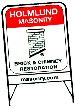 Holmlund Masonry yard sign logo with signature chimney design.